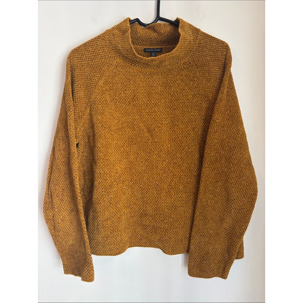 Eileen Fisher Women’s tweety textured Mustard 100% cotton mock neck Sweater MD - Picture 2 of 8